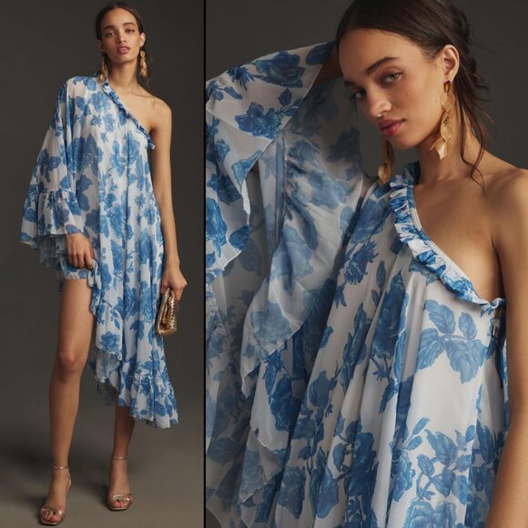 Mac Duggal 55073 Womens Size 12 Blue White Floral Print One Shoulder Cape Dress - Picture 1 of 14